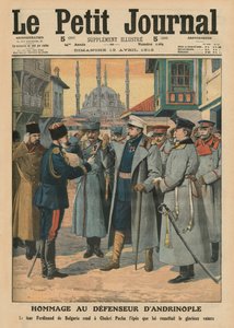 Hyldest til forsvareren af Andrianople, zar Ferdinand I af Bulgarien giver tilbage til Shukri Pasha sværdet fra den herligt besejrede, forsideillustration fra 